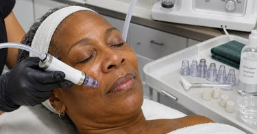 Professional Blackhead Remover vacuum suction tool being cleaned with a brush on a salon station alongside skincare products