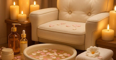 Luxury pedicure being performed in a spa setting with rose petals and elegant nail polish