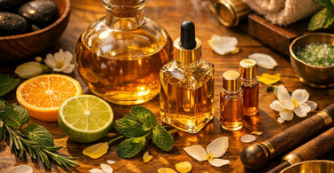 A spa professional's hands mixing custom essential oil blends in a serene treatment room setting