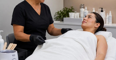 A professional esthetician in a clean spa room performing a body waxing service on a client with a focus on maintaining modesty and comfort.