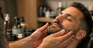 Modern men's grooming setup in a spa or barber shop featuring professional clippers, wax warmers, skincare products, and tools on a clean towel