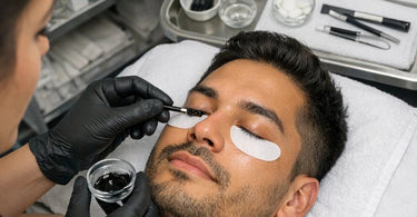Professional male client receiving lash tinting service at a modern spa with eyes closed and technician applying tint