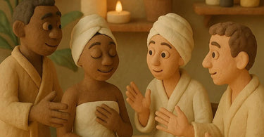 Spa professional using visual aids to communicate with international client during facial treatment