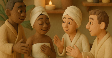 Spa professional using visual aids to communicate with international client during facial treatment