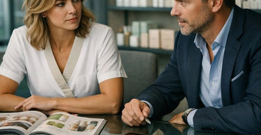 Spa owner and distributor representative smiling and shaking hands over a catalog in a sunny, well-organized spa treatment room.