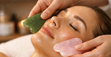 A massage therapist performing a professional Gua Sha facial treatment on a relaxed client in a spa setting.
