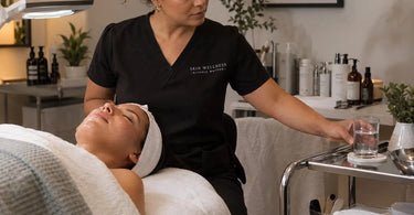 Spa professional offering a glass of infused water to a relaxed client on a massage table in a serene treatment room
