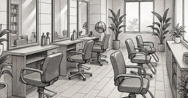 A modern, well-organized salon layout showing efficient workstation placement and clear traffic flow.