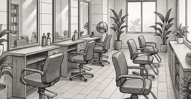A modern, well-organized salon layout showing efficient workstation placement and clear traffic flow.
