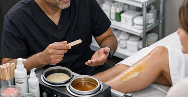 A neatly organized professional wax cart on wheels, featuring wax warmers, spatulas, and pre and post waxing products for efficient salon workflow.