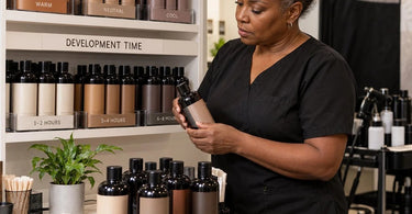 Professional spray tan solutions organized by undertone and development time in a salon tanning workspace