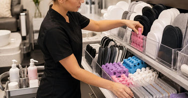 Woman organizing toe separators, slippers, and files at a spa station