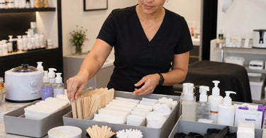 A well-organized professional waxing station with neatly arranged supplies, wax warmers, and tools for salon efficiency.