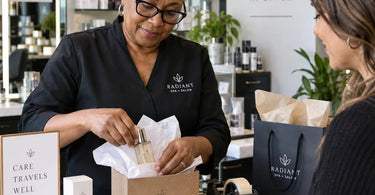 Spa retail packaging supplies including tissue paper, bags, and boxes arranged on a counter for protecting fragile beauty products