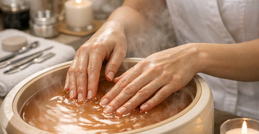 A spa professional performing a luxury paraffin wax manicure, dipping a client's hand into warm, melted wax at a beautifully organized nail station.