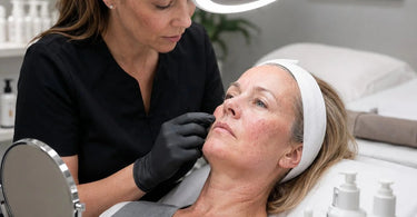 Professional esthetician performing a gentle skin analysis on a client with a compromised skin barrier using magnifying lamp and clean gloves