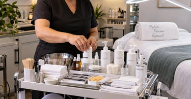 Well-organized facial cart prepared for multiple modalities with skincare products, tools, and devices in a professional spa treatment room