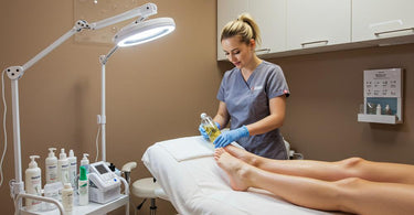 Professional esthetician preparing a client's skin for waxing