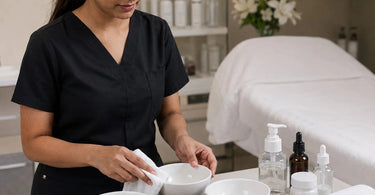 Professional spa mixing bowls and tools displayed to prevent staining, featuring silicone, glass, and plastic options for estheticians.