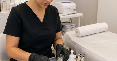 A professional salon worker using a fan brush to apply holiday glitter to a client, demonstrating proper application technique to prevent mess.