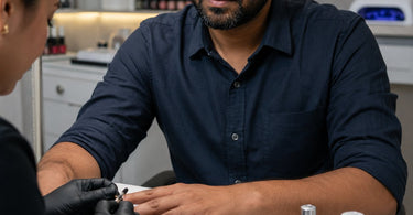 Nail technician applying gel polish to a client with hyperhidrosis using professional prep products from Pure Spa Direct