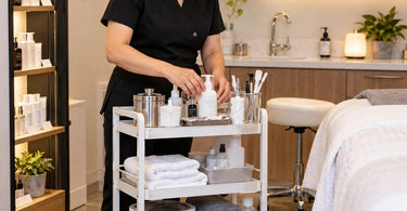 Professional spa and salon rolling cart organized with treatment supplies without overloading the shelves