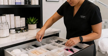 Organized spa drawer with dividers and bins to prevent small supplies from getting lost in deep drawers.