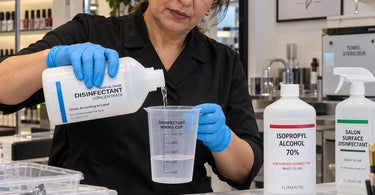 Professional salon and spa staff safely preparing disinfectant solutions at an organized sanitation station