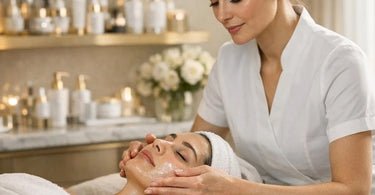A serene spa treatment room setup for a luxury facial, featuring high-end skincare products, rolled towels, and a comfortable treatment bed