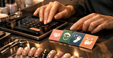 A collage of nail art designs and pricing strategy elements for a profitable nail salon business.