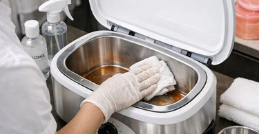 A technician cleaning a professional paraffin bath tank with a scraper and white towel, demonstrating proper spa equipment maintenance.