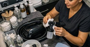 A professional cleaning a black spray tan machine with a spray bottle and cloth on a salon counter, symbolizing proper maintenance of sunless tanning equipment.