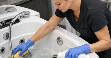 Spa professional properly draining and cleaning hydrotherapy equipment jet to remove biofilm and maintain hygiene