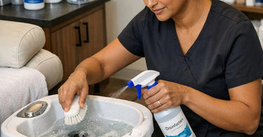 Technician draining a portable foot bath in a professional spa setting demonstrating proper sanitation techniques