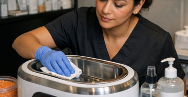 Clean professional paraffin bath equipment with pure wax and sanitized accessories in a spa setting