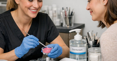 A nail technician mixing custom gel polish colors in a glass dappen dish on a salon table with a spatula and swatch wheel nearby.