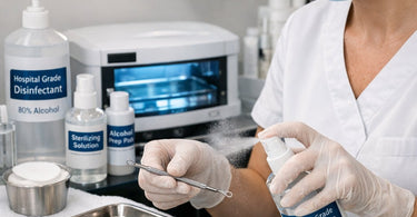 A professional esthetician wearing blue gloves sanitizing a metal comedone extractor tool on a stainless steel tray with disinfectant solution.