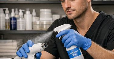 Technician wearing purple gloves sanitizing a professional laser handpiece with a wipe on a stainless steel tray