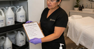 Proper acetone storage methods featuring safety cans and flammable cabinets for nail salons and spas