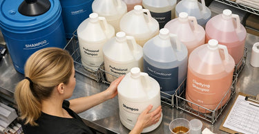 Proper storage techniques for large bulk professional shampoo bottles in a salon back bar storage area