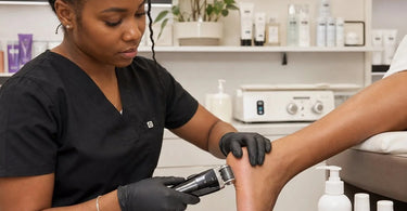 A professional electric callus shaver being used on a foot during a pedicure to exfoliate dead skin.