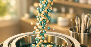 A close-up of a professional holding a spatula with melted hard wax beads, symbolizing efficiency and reduced waste in a salon setting.