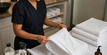 Stack of clean white professional spa towels and massage linens