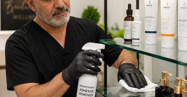 How to remove professional grade adhesive from glass shelving: before and after cleaning demonstration with professional-strength products and tools in a salon or spa setting.