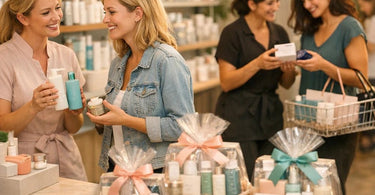 A salon professional smiles while presenting a tiered pricing chart to a client, with beauty products neatly organized in the background.