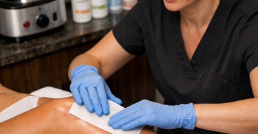 Close up of professional wax application on a client leg, highlighting safe waxing techniques on sun-kissed summer skin with soothing aloe nearby