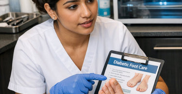 Professional nail technician safely performing a diabetic pedicure in a clean salon environment