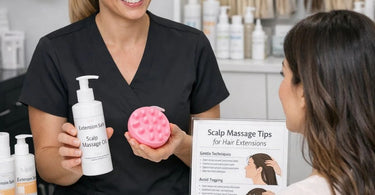Close up of a professional massage therapist safely performing a scalp massage on a client with blonde hair extensions using gentle lifting technique to avoid tangling