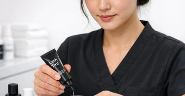 Before and after results showing how to safely tint lashes after a keratin lash lift treatment with professional products.
