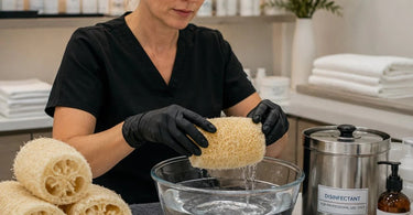 A spa professional holding a natural loofah scrub, with essential oils and cleaning supplies arranged on a wooden spa tray, highlighting proper loofah sanitization for a hygienic spa experience